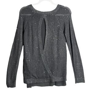Sioni Sz M Mixed Media Sequin Pullover Sweater Gunmetal Chiffon‎ Cutout Sheer
